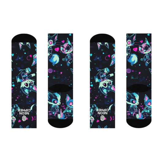 Neon Cipher Socks - Chibi Robotic Animals Crew Socks