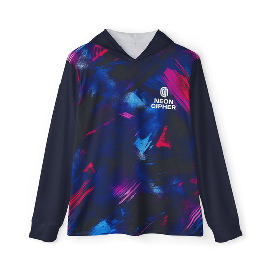 Sports Warmup Hoodie - High-Energy Abstract Graphic Design Navy Blue Cyan Magenta