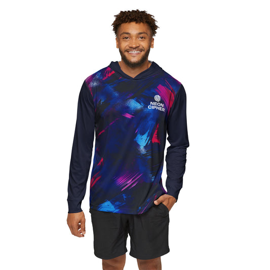 Sports Warmup Hoodie - High-Energy Abstract Graphic Design Navy Blue Cyan Magenta